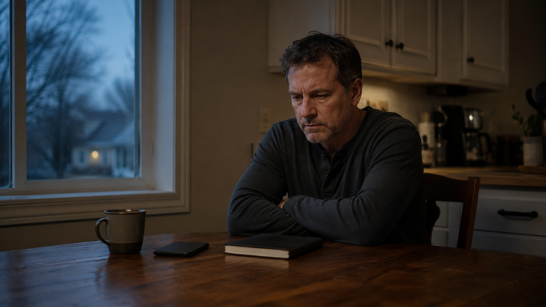 Man sitting alone at a kitchen table considering changes he needs to make