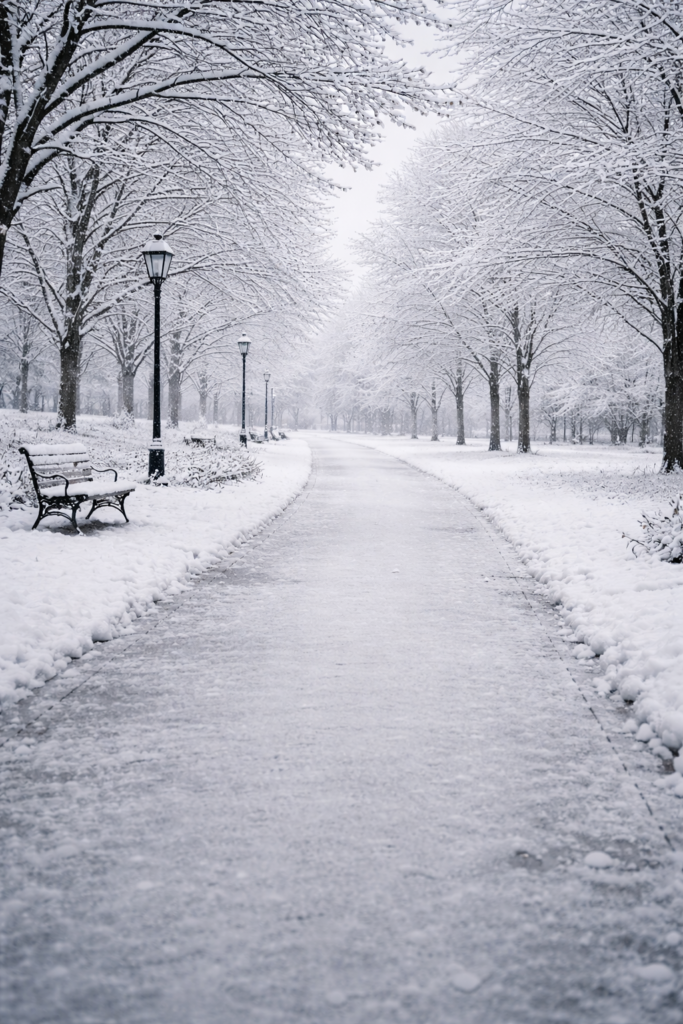 Winter park path with snow and bare trees, suggesting age, reflection, endurance, and the later season of legacy