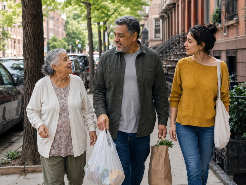 Man walking with family carrying groceries as an example of strength through balance in daily life