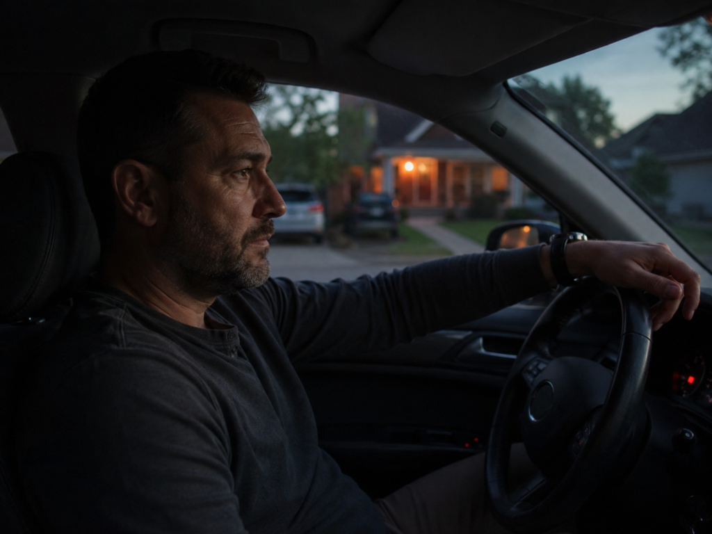 Man sitting in car at dusk after work as an example of recovery and recalibration between work and home