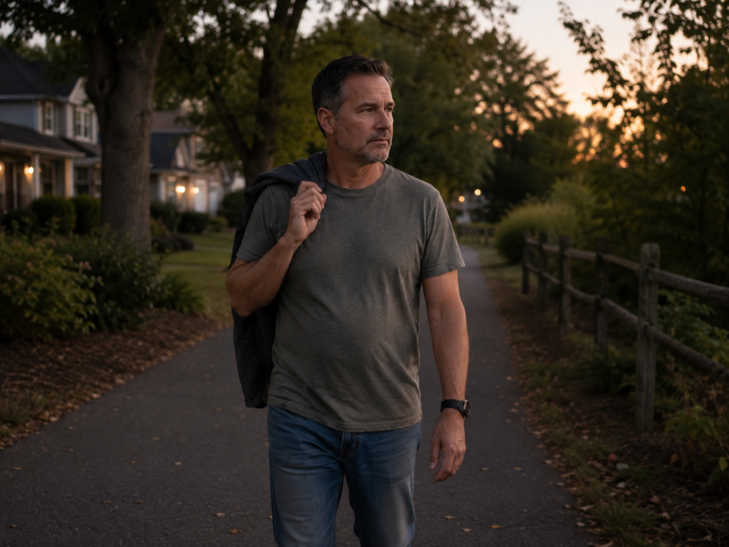 Man walking at dusk after work as an example of recovery and recalibration