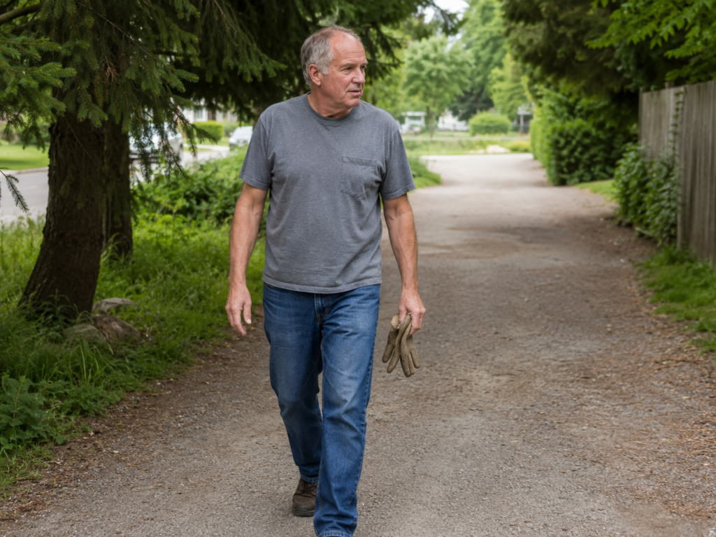 Older man walking outdoors with worn work gloves in hand, suggesting reflection on work, responsibility, and the accumulated effect of a life