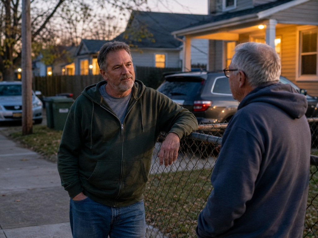 Middle-aged man talking with a neighbor in a quiet neighborhood as an example of community responsibility.