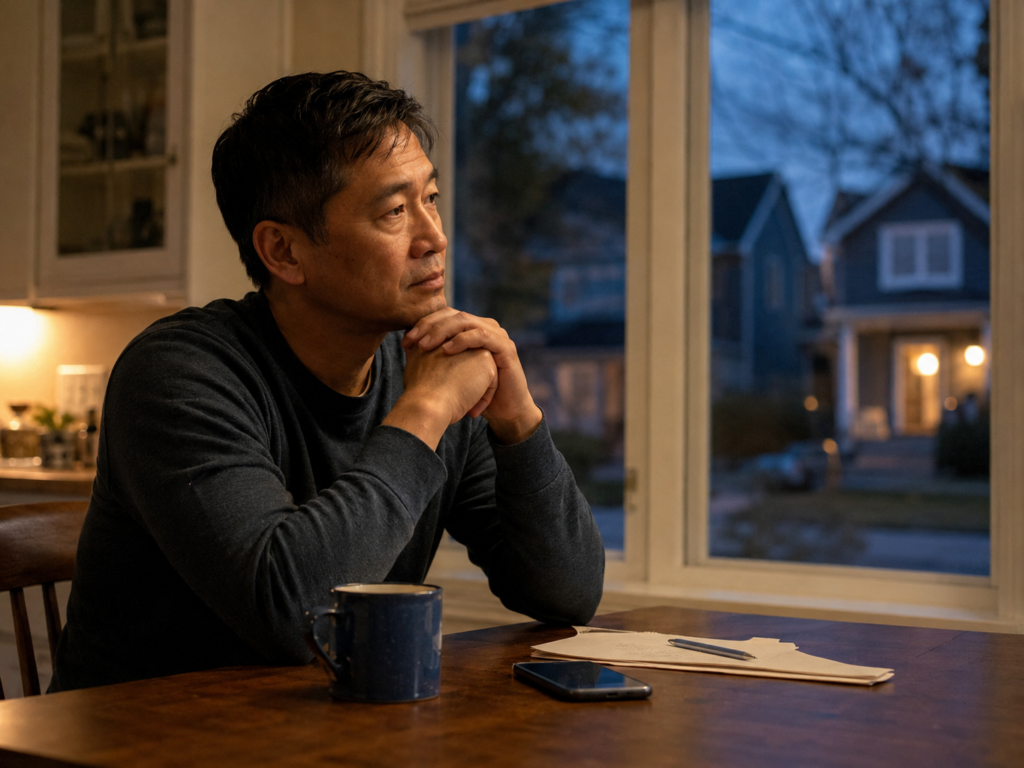 Man sitting alone at a kitchen table thinking about reconnecting with people around him.