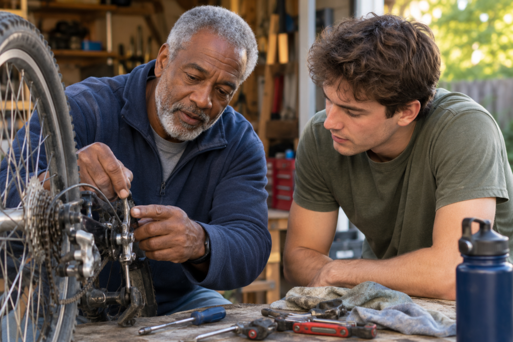 Older man mentoring a younger man through a practical task without preaching.