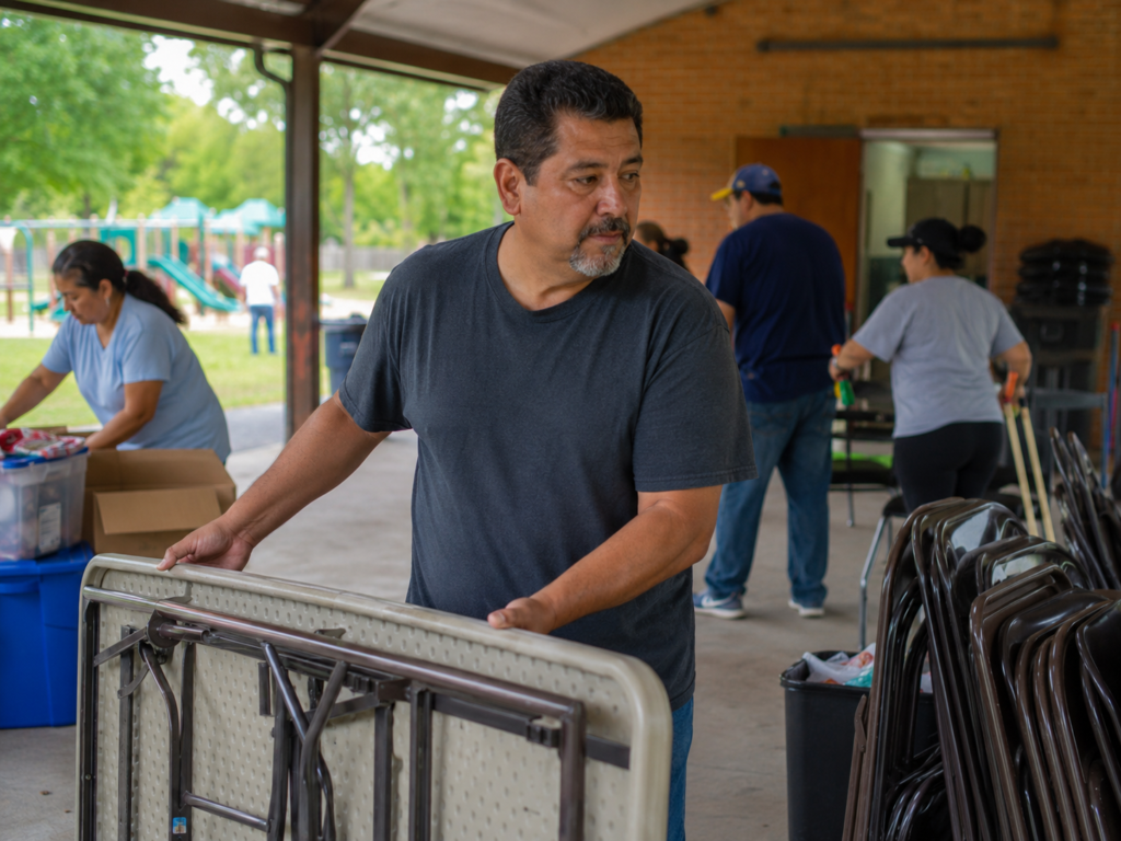 Man helping with practical community service without making the work about himself.