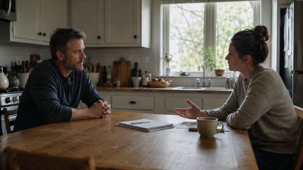 Middle-aged man listening during a serious kitchen-table conversation after admitting a mistake