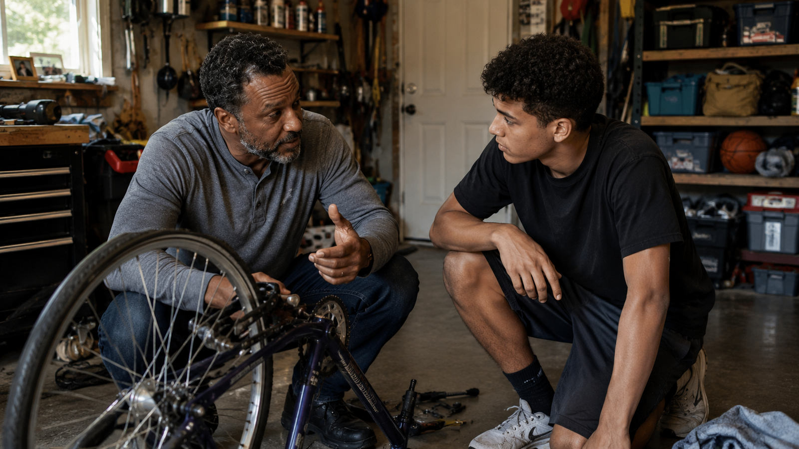 Choosing Patience Over Inherited Anger Father calmly teaching his child during a bike repair