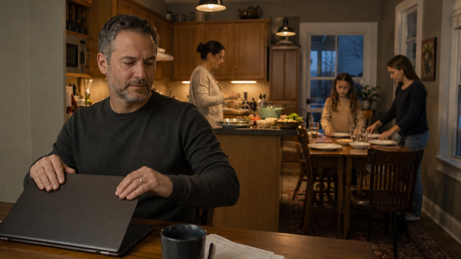 Setting Work Aside for Family Life Man closing his work laptop as family life continues nearby