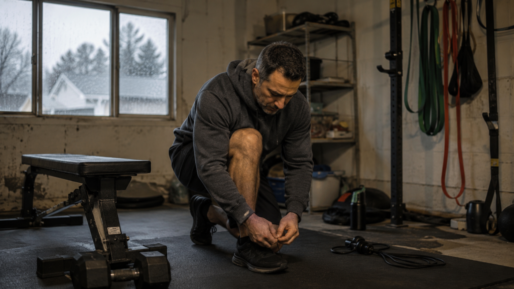 Man preparing for a simple early morning workout despite difficult conditions