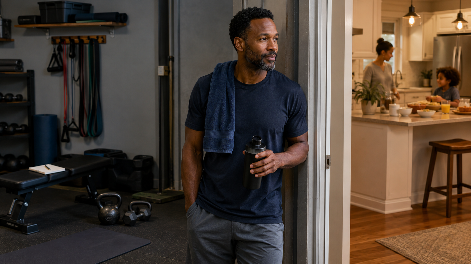 Middle-aged man leaving a completed garage workout to return to breakfast and family life