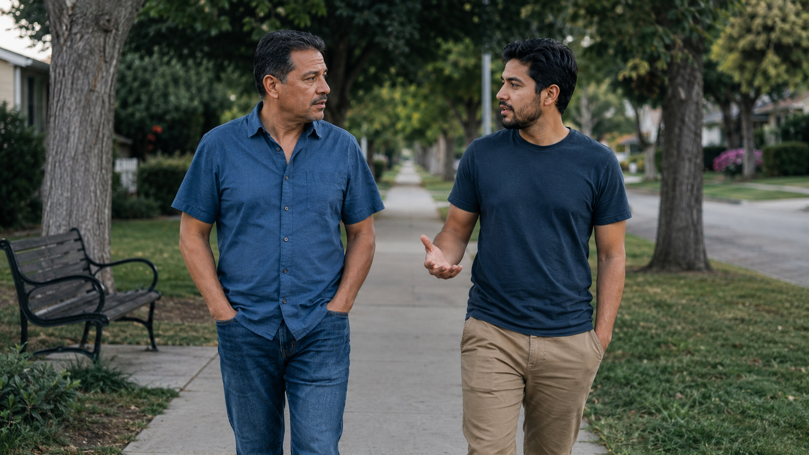 Middle-aged man speaking honestly with another man during a walk outdoors