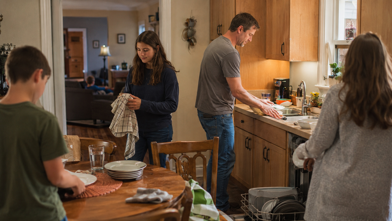 Family First Through Presence and Responsibility Middle-aged man sharing evening household responsibilities with his family