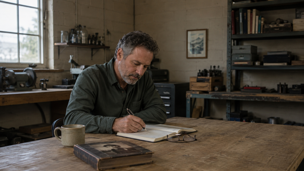 Middle-aged man examining inherited beliefs while writing in a notebook at a work table