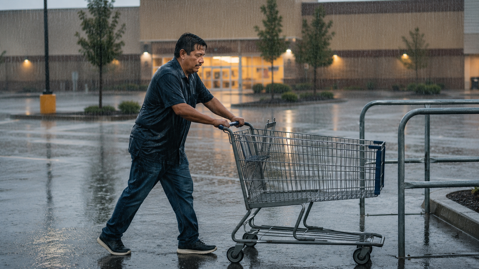 Middle-aged man returning a shopping cart during heavy rain