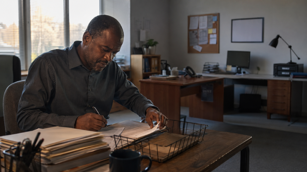 Middle-aged man alone after hours correcting an error on workplace paperwork