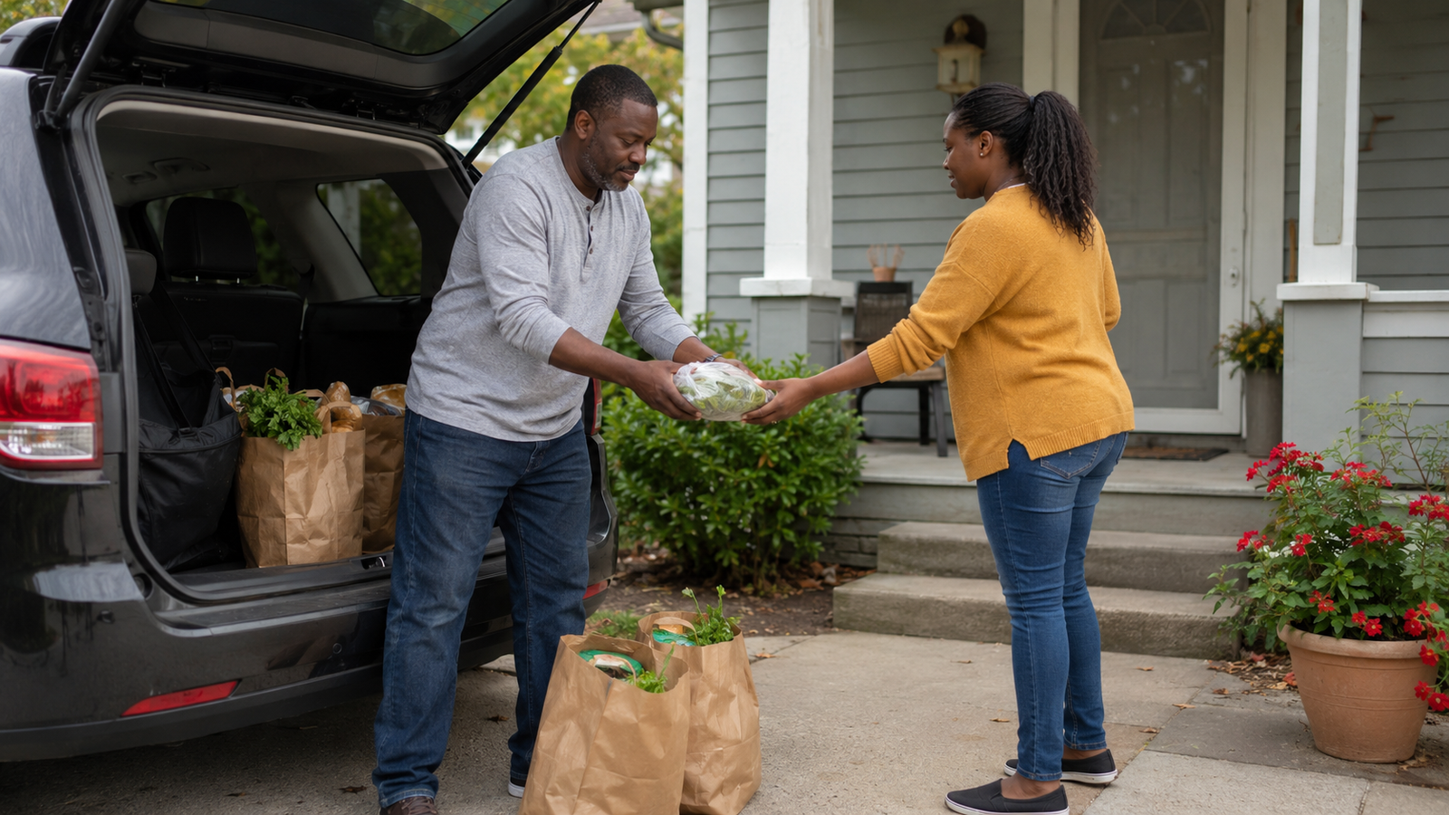 Middle-aged man sharing a household responsibility with an adult family member