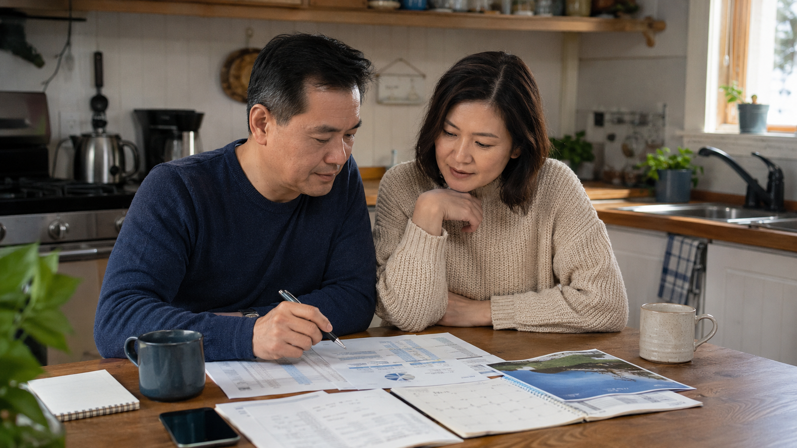 Middle-aged couple balancing household savings with plans for meaningful time together