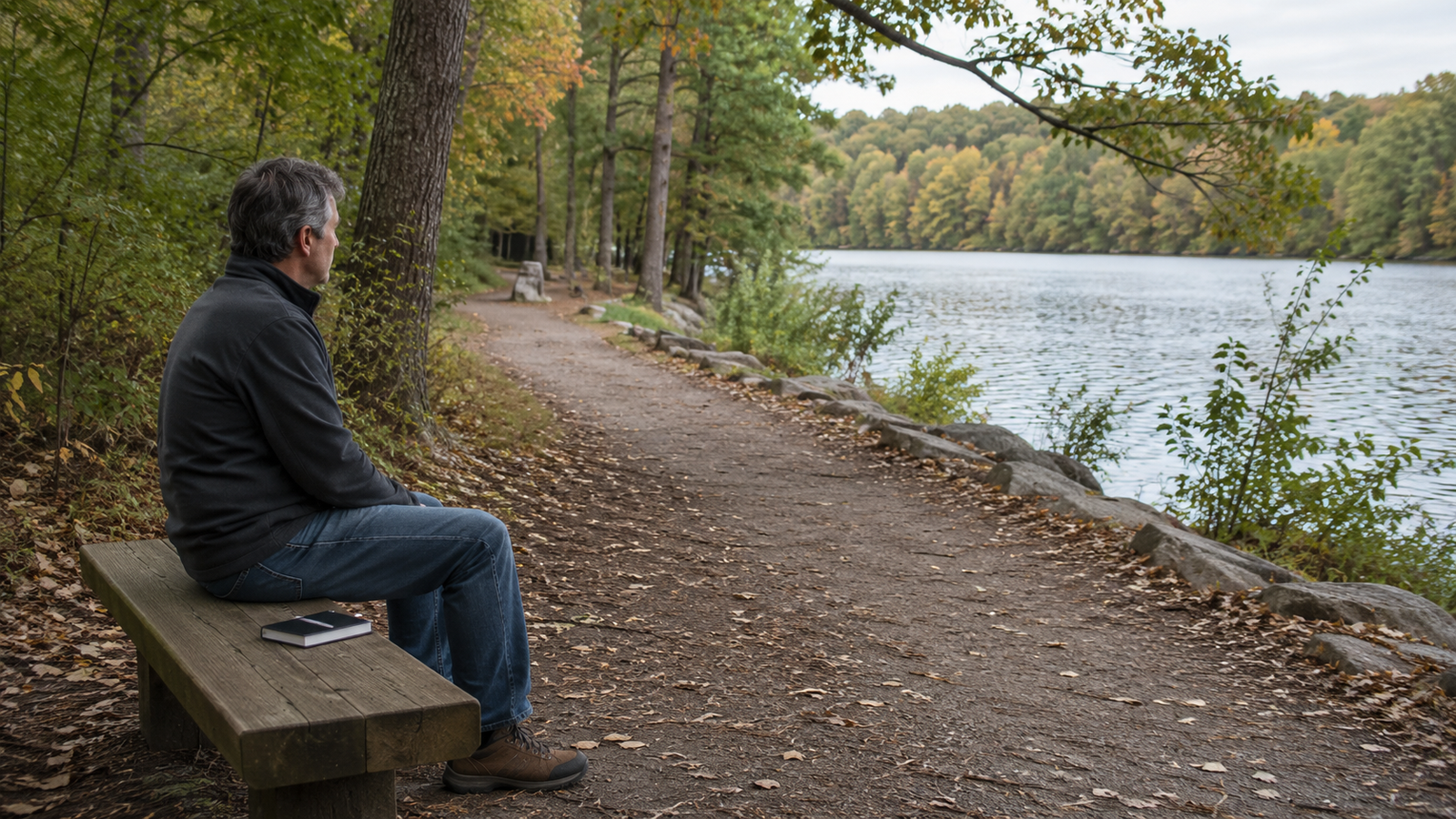 Middle-aged man reflecting alone on a bench beside a quiet wooded lake