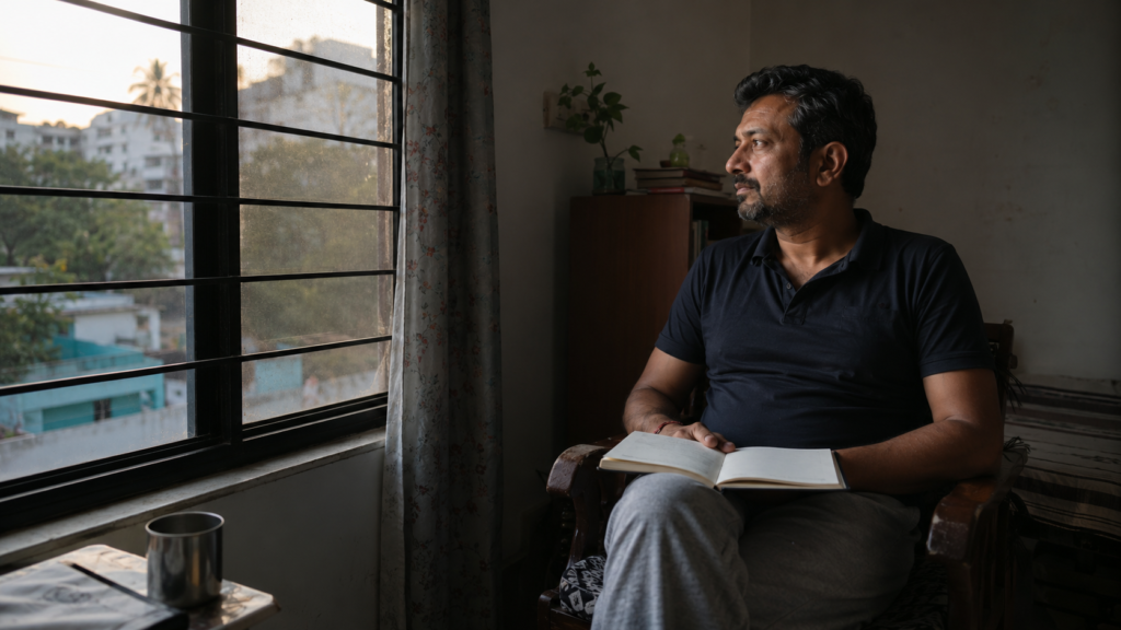 Middle-aged man sitting quietly with an open notebook while considering unresolved spiritual questions