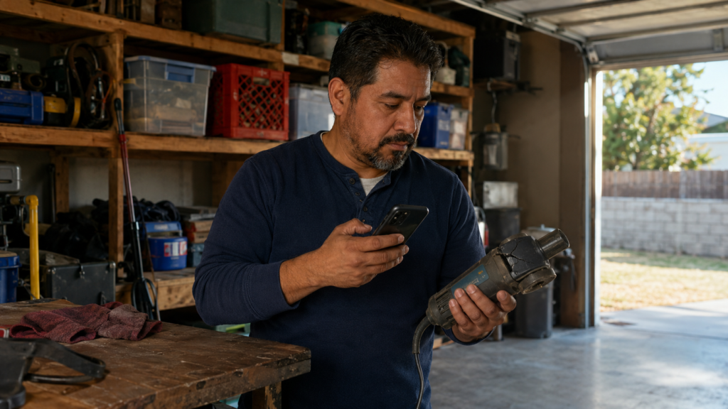 Middle-aged man preparing to report damage to a borrowed tool