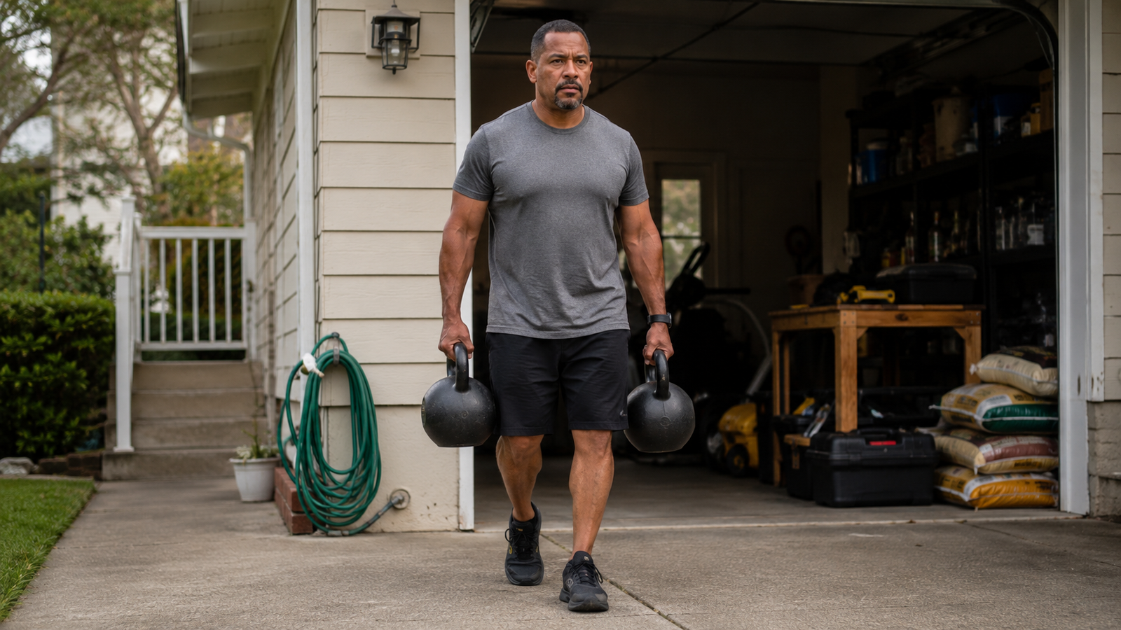 Middle-aged man practicing a loaded carry in his driveway to build strength for everyday life
