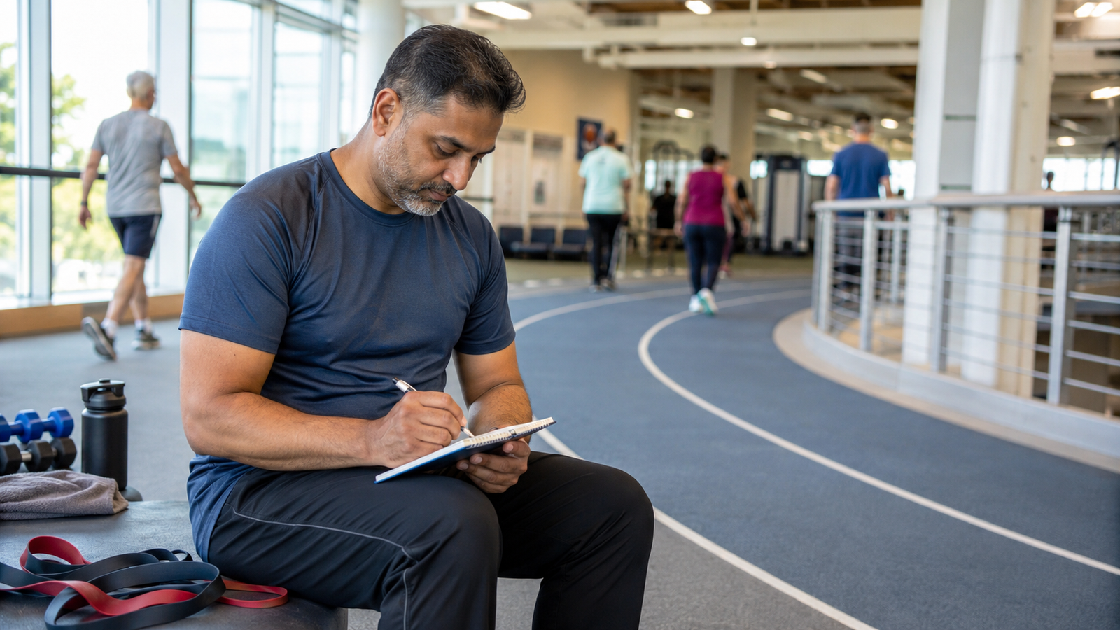 Middle-aged man recording a practical strength and walking workout at a community recreation center