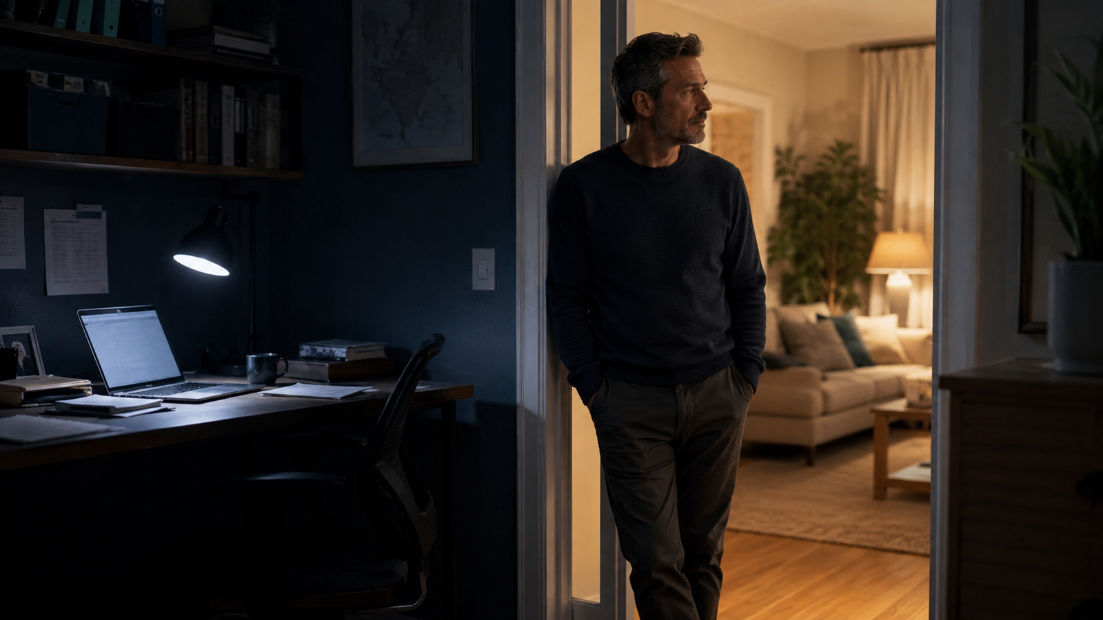 Middle-aged man pausing at the doorway of his home office after allowing work to consume the evening
