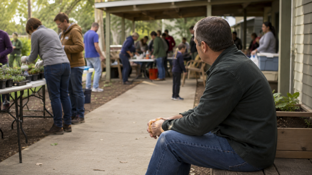 Guarded middle-aged man watching other adults participate in a community gathering from a distance