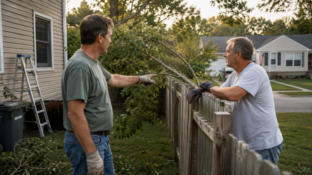 Two neighbors calmly discussing a loose branch beside their shared residential fence
