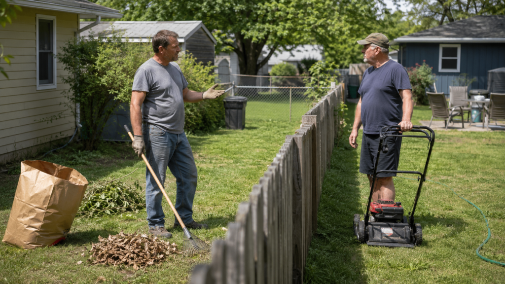 Two neighbors calmly discussing a problem across a backyard fence while doing yardwork.