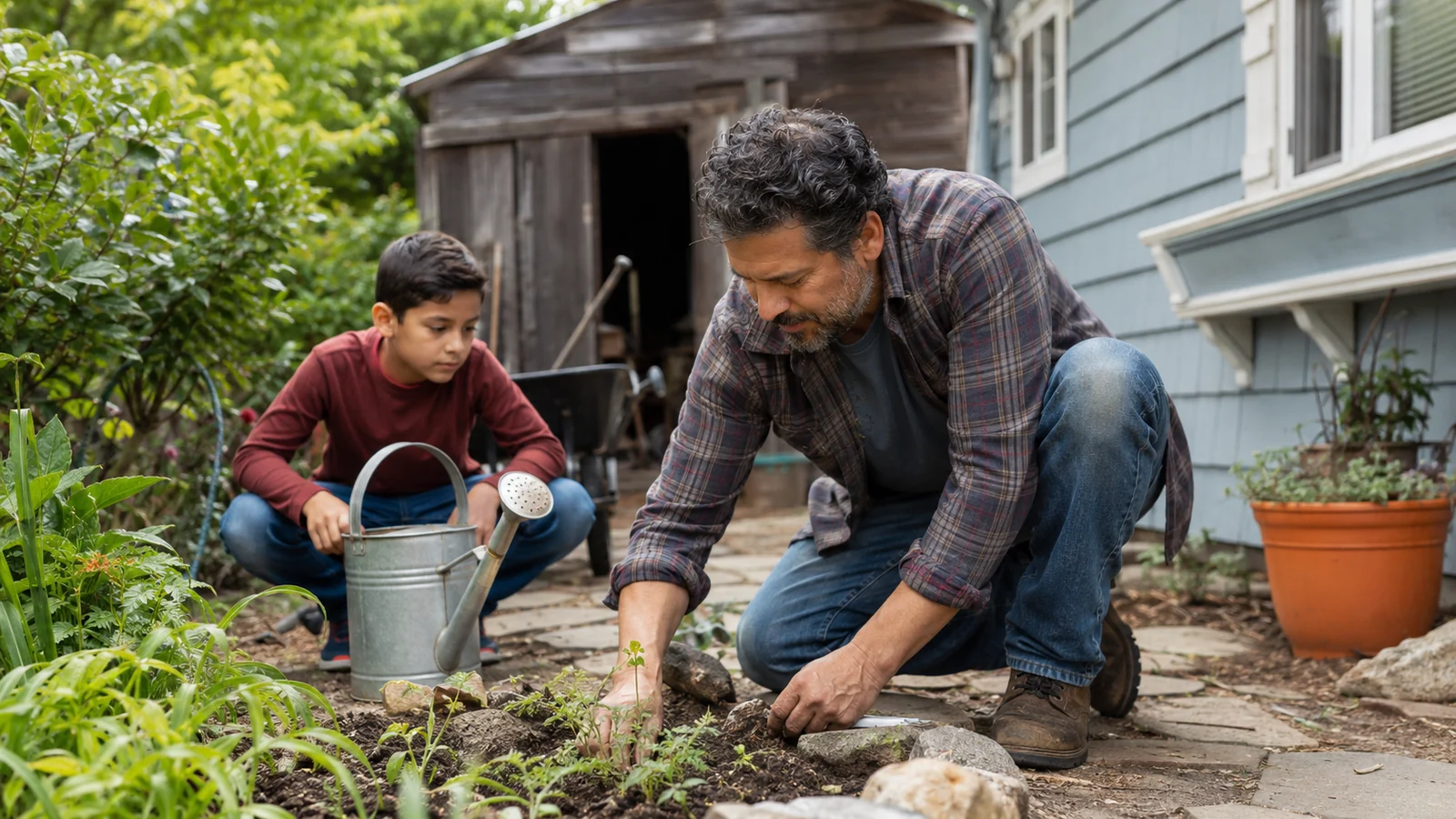 An adult and child maintaining a garden and household property together.
