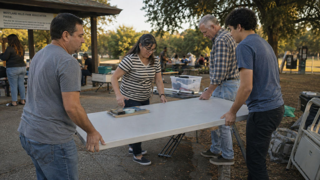 Middle-aged man working alongside younger and older adults on a modest neighborhood community project