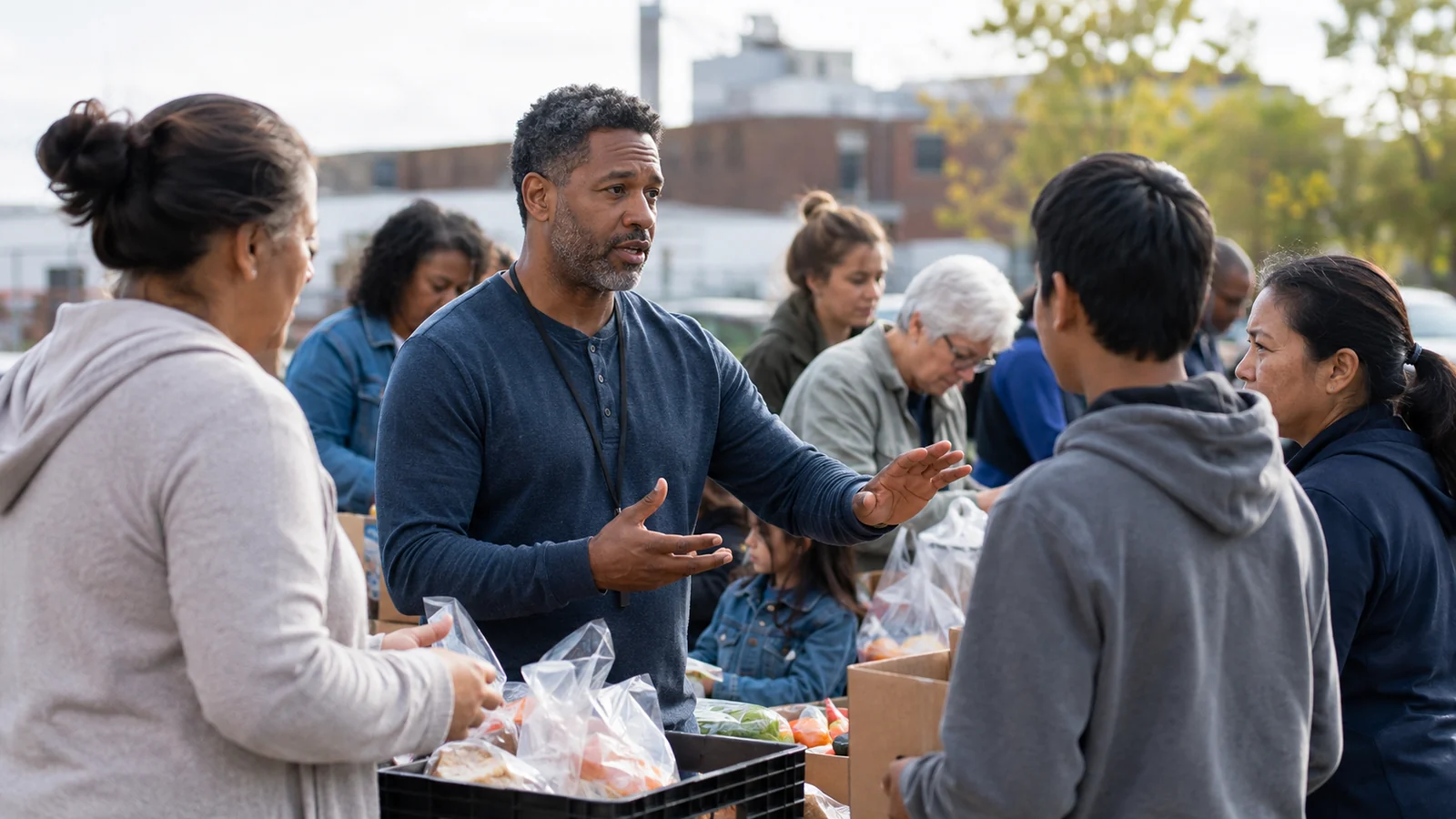 Diverse community group with one person offering help while keeping healthy boundaries.