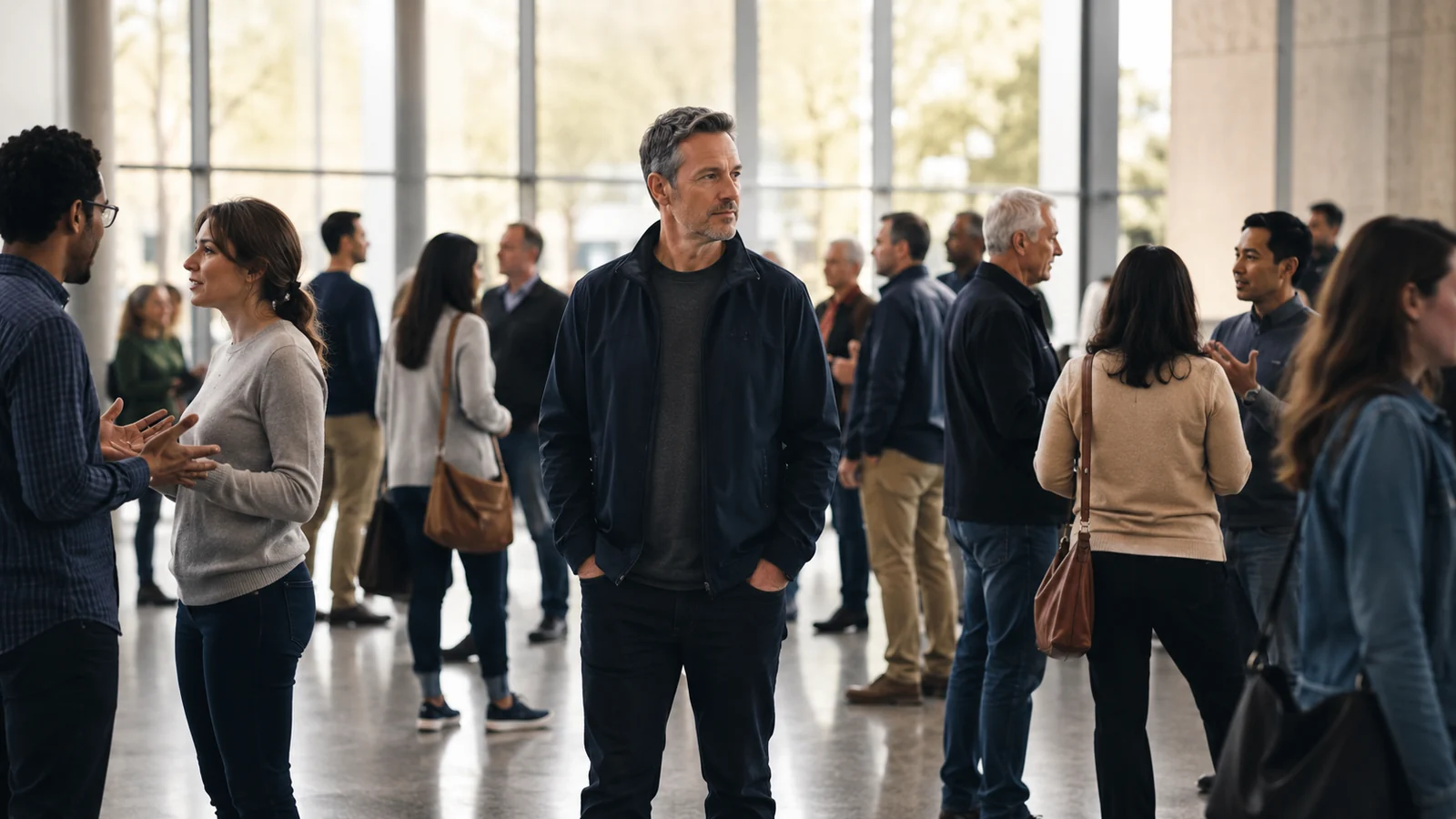 Man listening and speaking carefully during a serious group conversation.