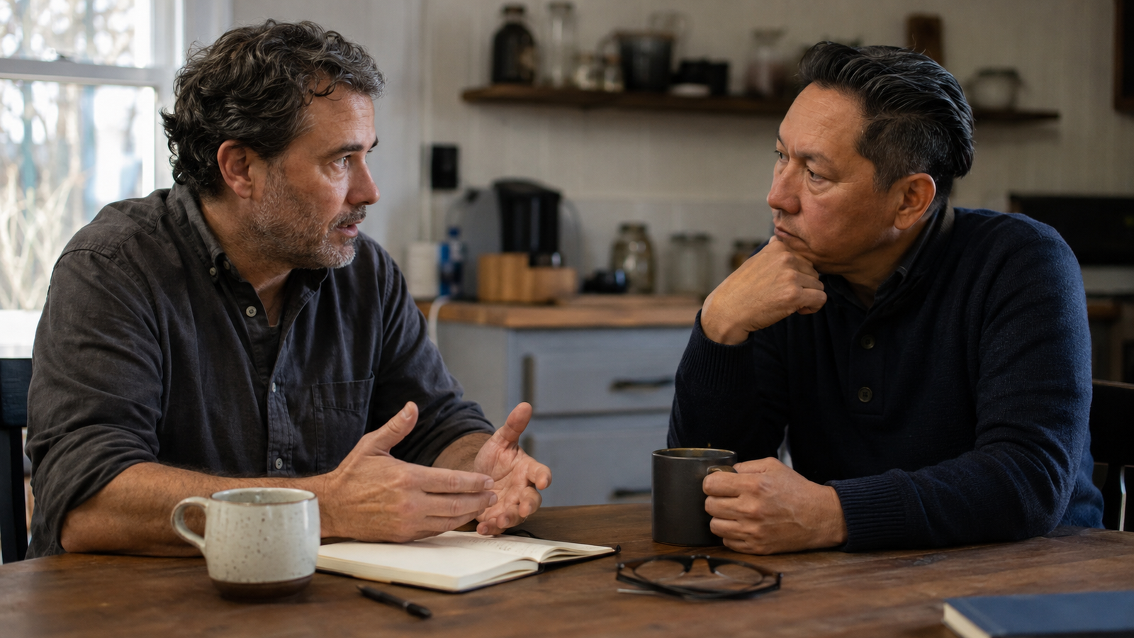 Two men discuss a serious disagreement calmly across a table while listening to each other.