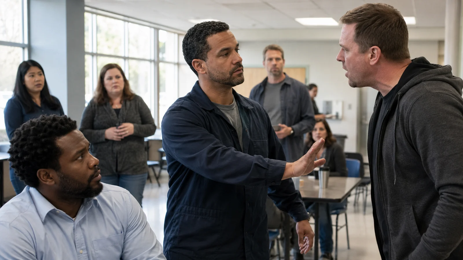 Calm man confronting hostile behavior without becoming aggressive himself.