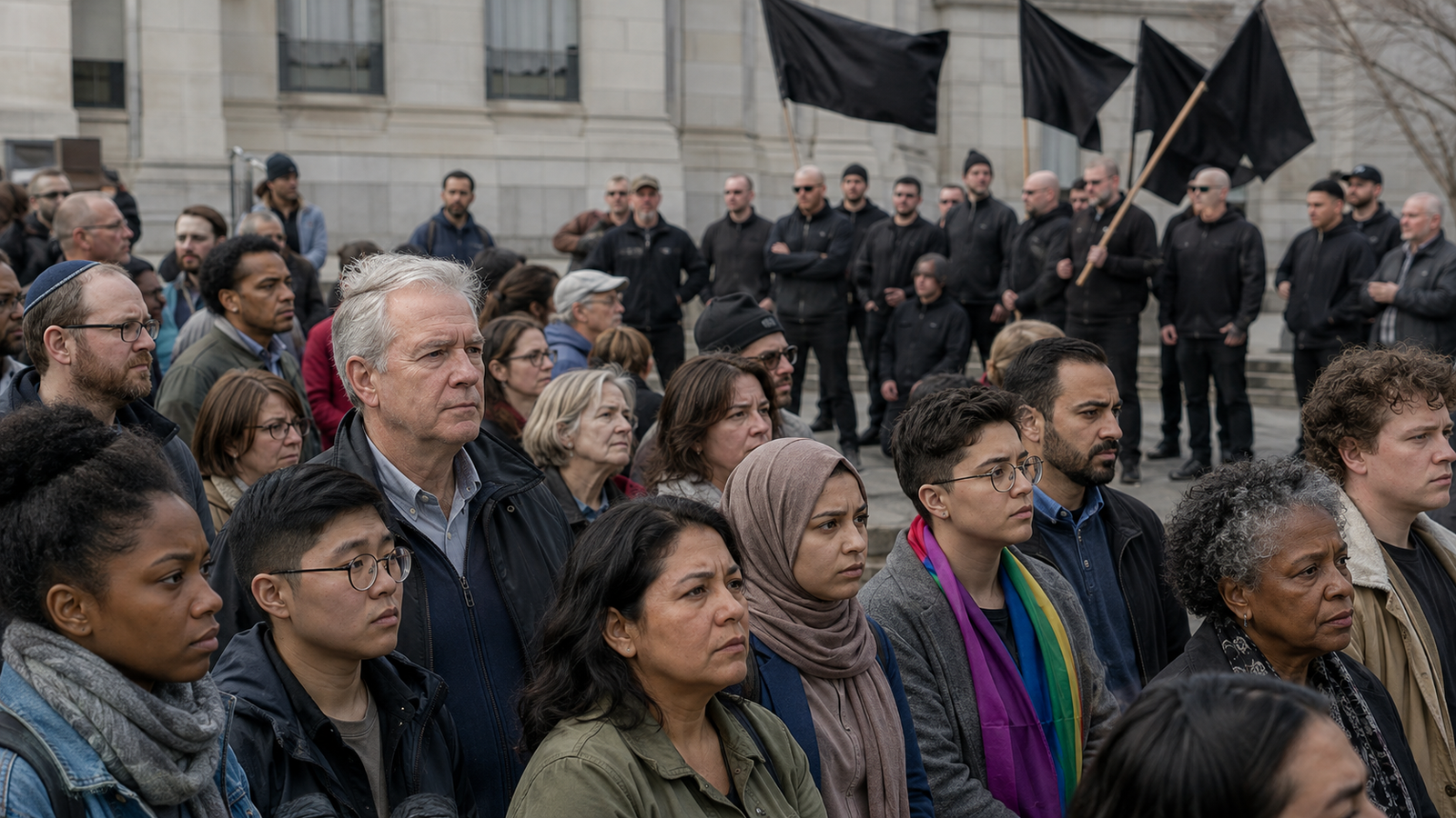 A diverse community stands together while an organized hate group gathers with black flags in the background.