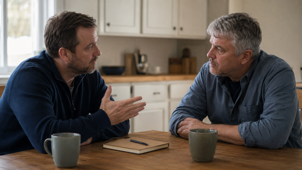 Two men having a serious private conversation as one directly challenges the other's troubling beliefs
