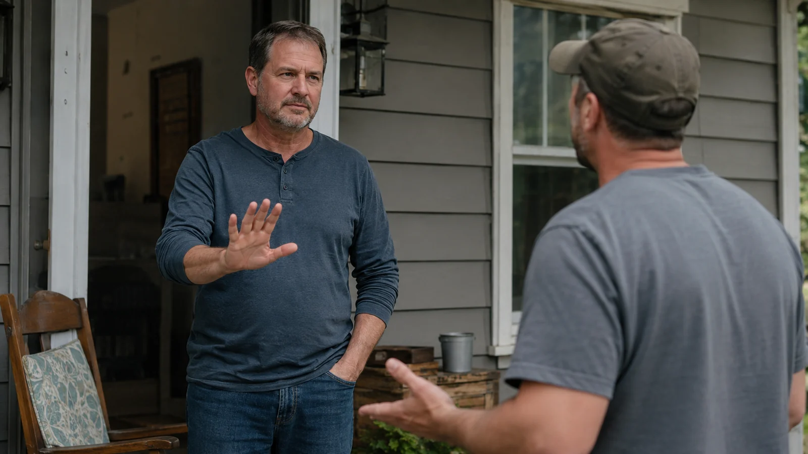 Man calmly setting a boundary with a needy acquaintance at a front door.