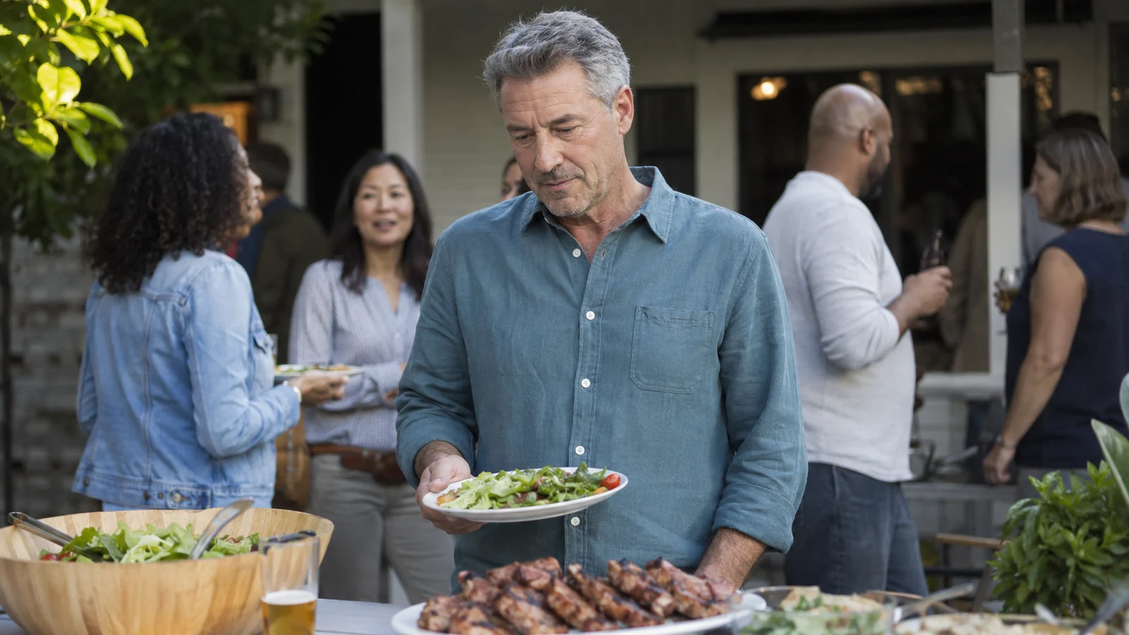 Adult man contributing to shared work without needing to be the center.