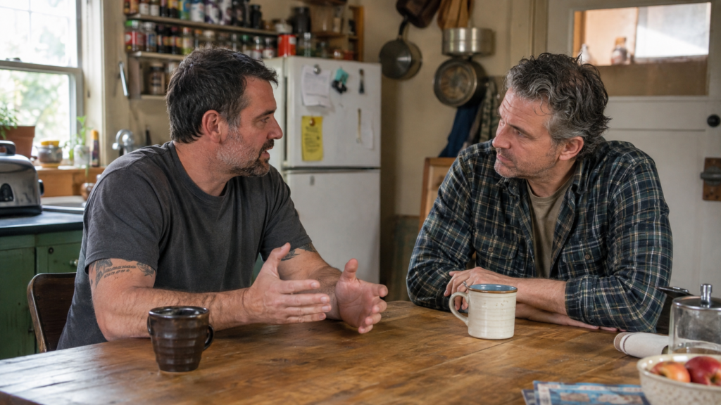 A man listening attentively while another adult describes a difficult personal experience.