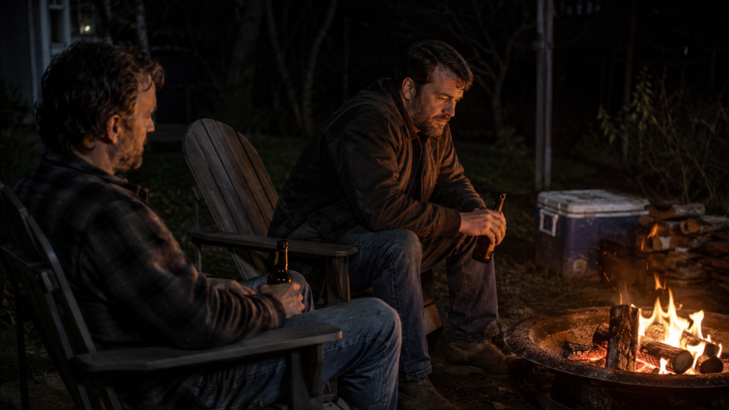 Two men having a quiet, serious conversation beside a backyard fire pit.