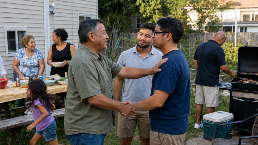 An older man warmly welcoming his adult son’s partner at a family backyard cookout.