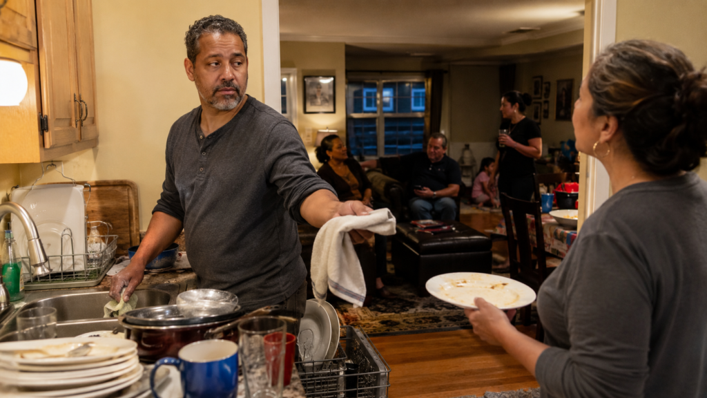 A tired man washing dishes after a family meal pauses and asks another adult to help with the cleanup.
