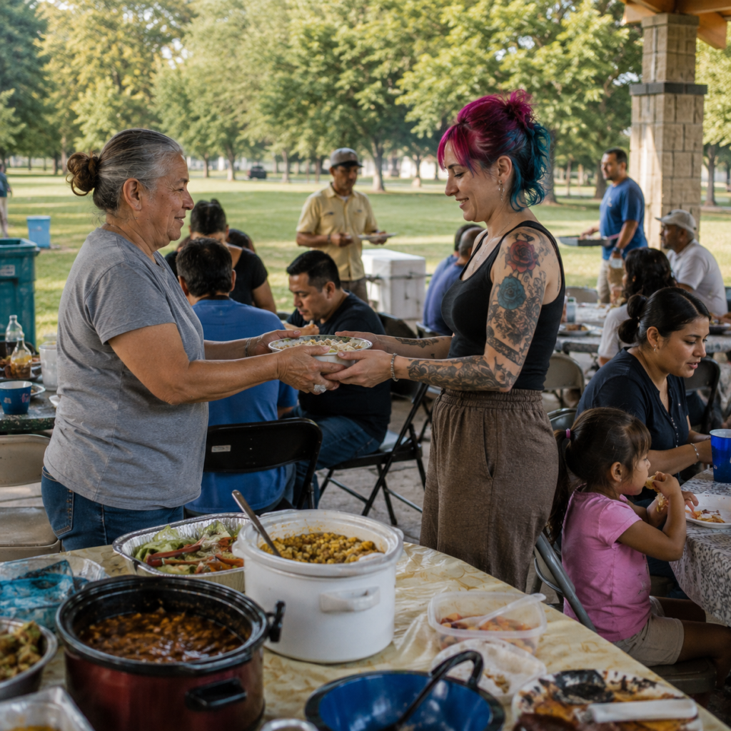 An older woman hands a plate of food to a younger tattooed woman at a community picnic.