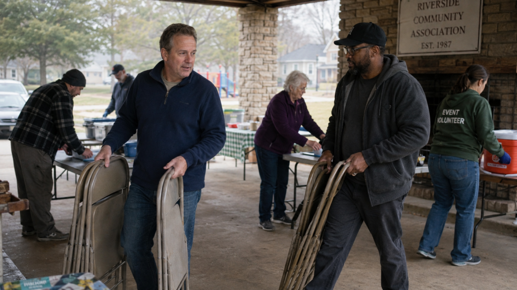 Middle-aged man helping other adults set up chairs for a local community gathering