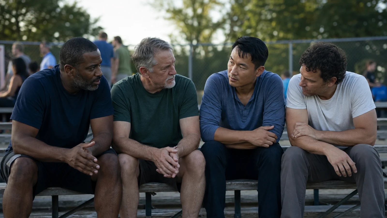 A diverse group of adult male friends listening to one another on outdoor bleachers.
