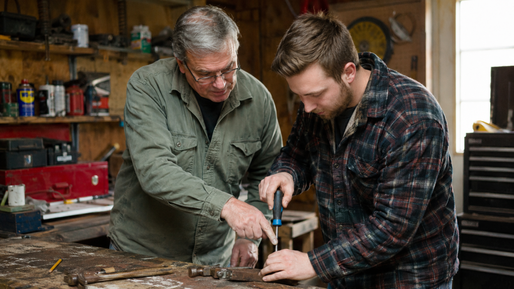 Older man guiding a younger man who is learning a practical repair task in a garage workshop