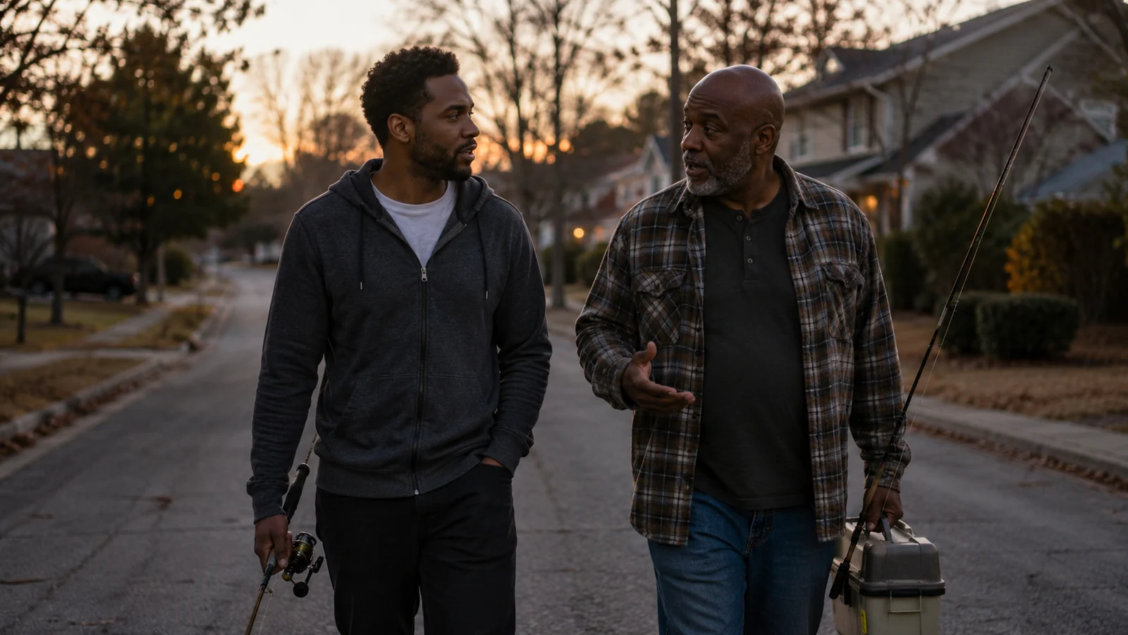 Two longtime male friends having an honest conversation while walking or working side by side.